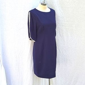 Ladies Molly Bracken dress, navy, flutter sleeves w pearls, fitted, sz M